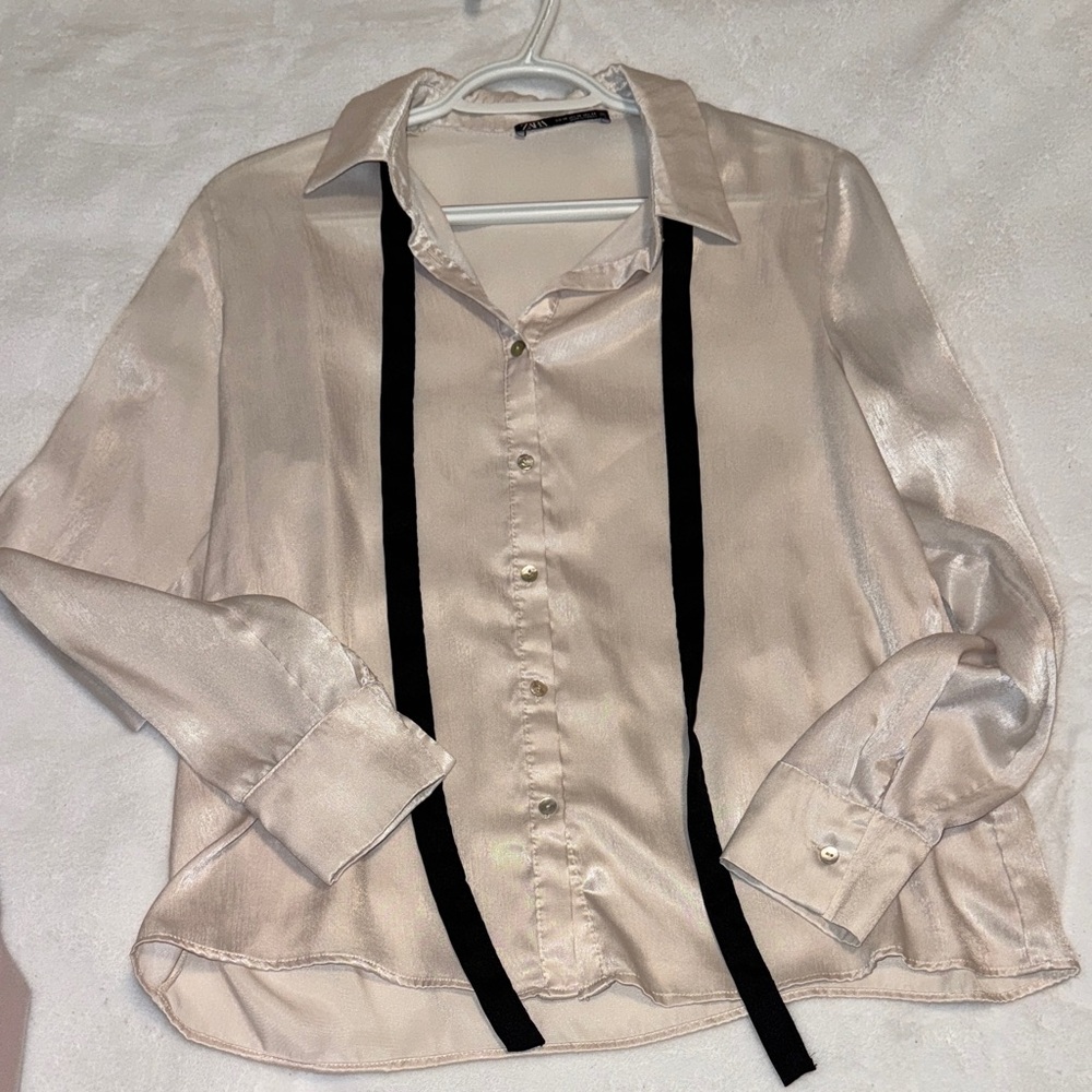 Zara Cream Silk Blouse with Black Tie